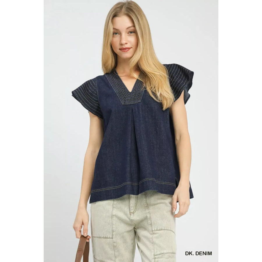 Umgee Cap Sleeve Denim Top DK. DENIM / S Apparel and Accessories