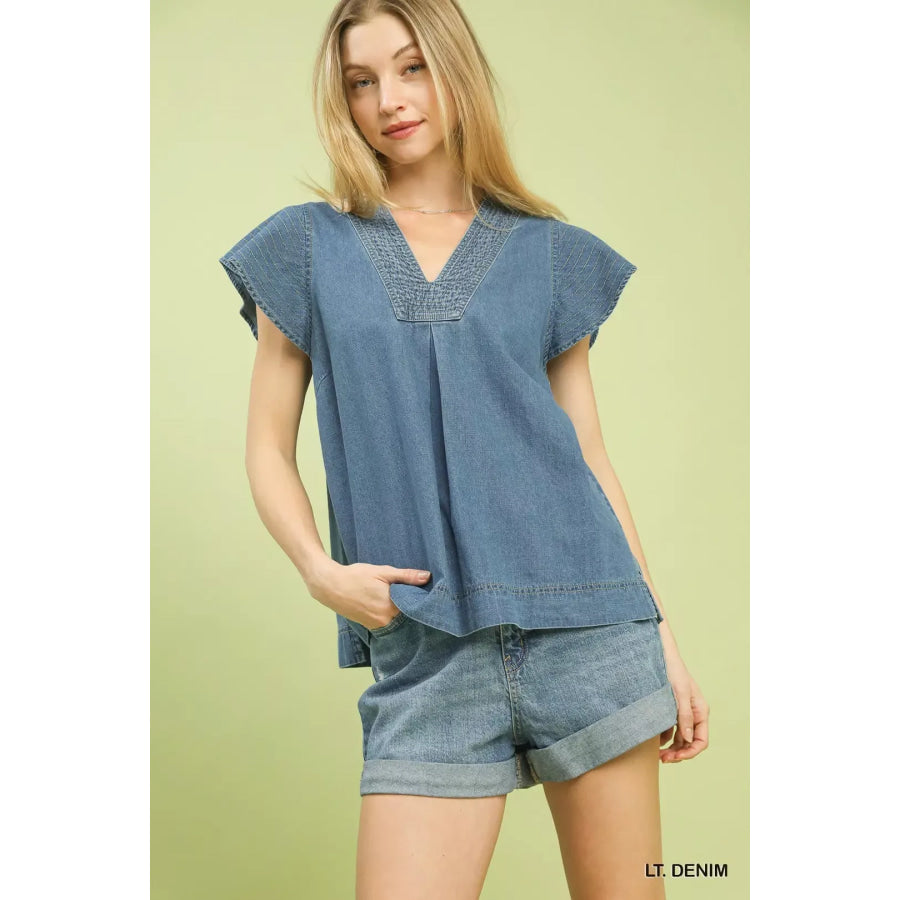 Umgee Cap Sleeve Denim Top LT.DENIM / S Apparel and Accessories