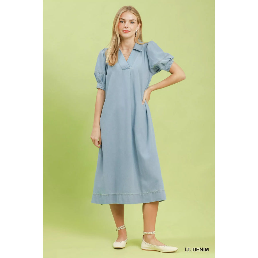 Umgee Chambray Collared Puff Sleeve Dress Apparel and Accessories