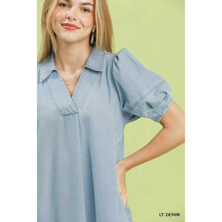 Umgee Chambray Collared Puff Sleeve Dress Apparel and Accessories
