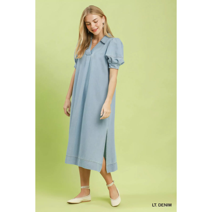 Umgee Chambray Collared Puff Sleeve Dress Apparel and Accessories