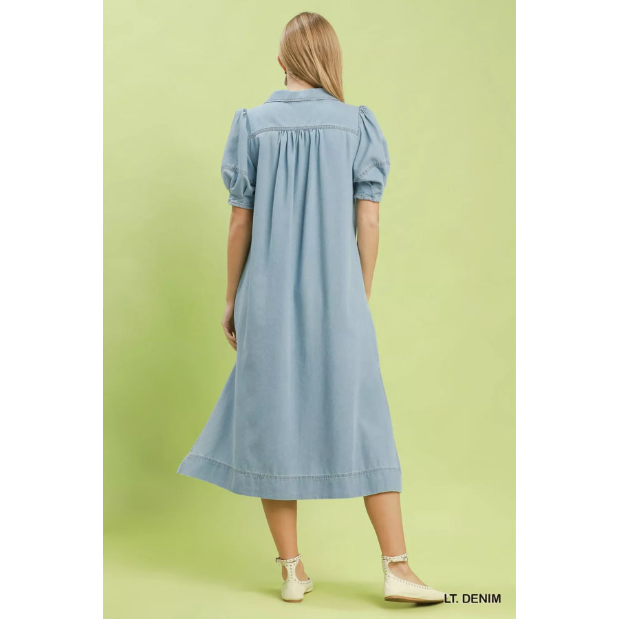 Umgee Chambray Collared Puff Sleeve Dress Apparel and Accessories