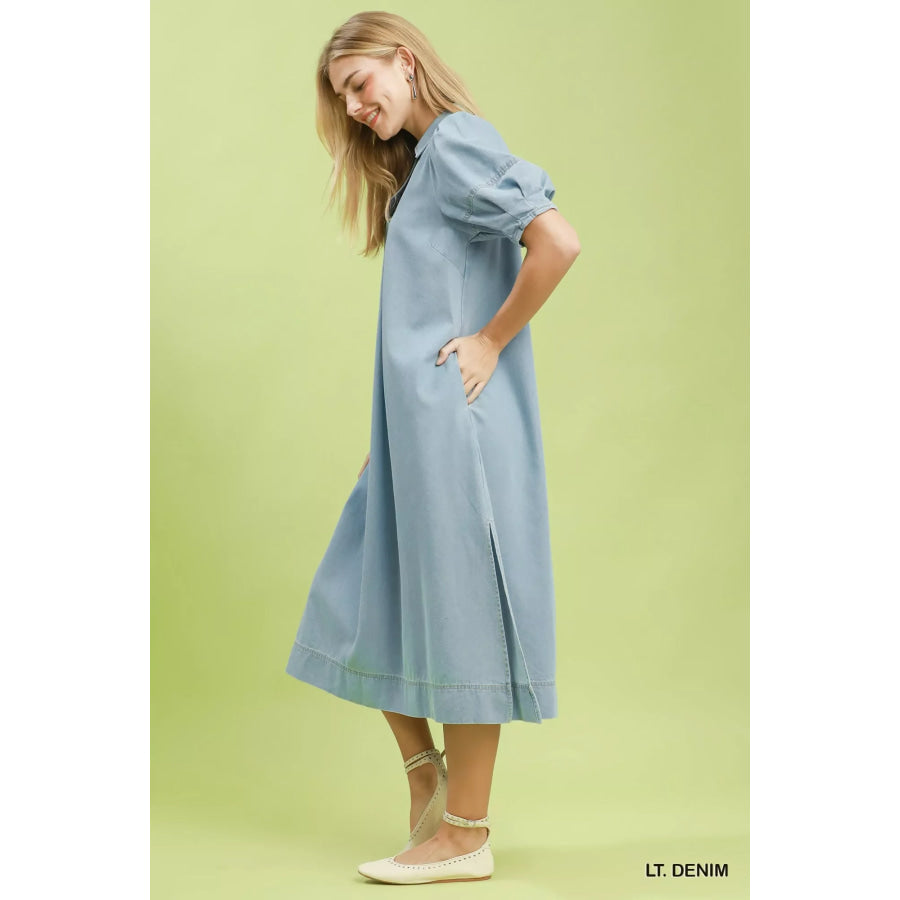 Umgee Chambray Collared Puff Sleeve Dress Apparel and Accessories