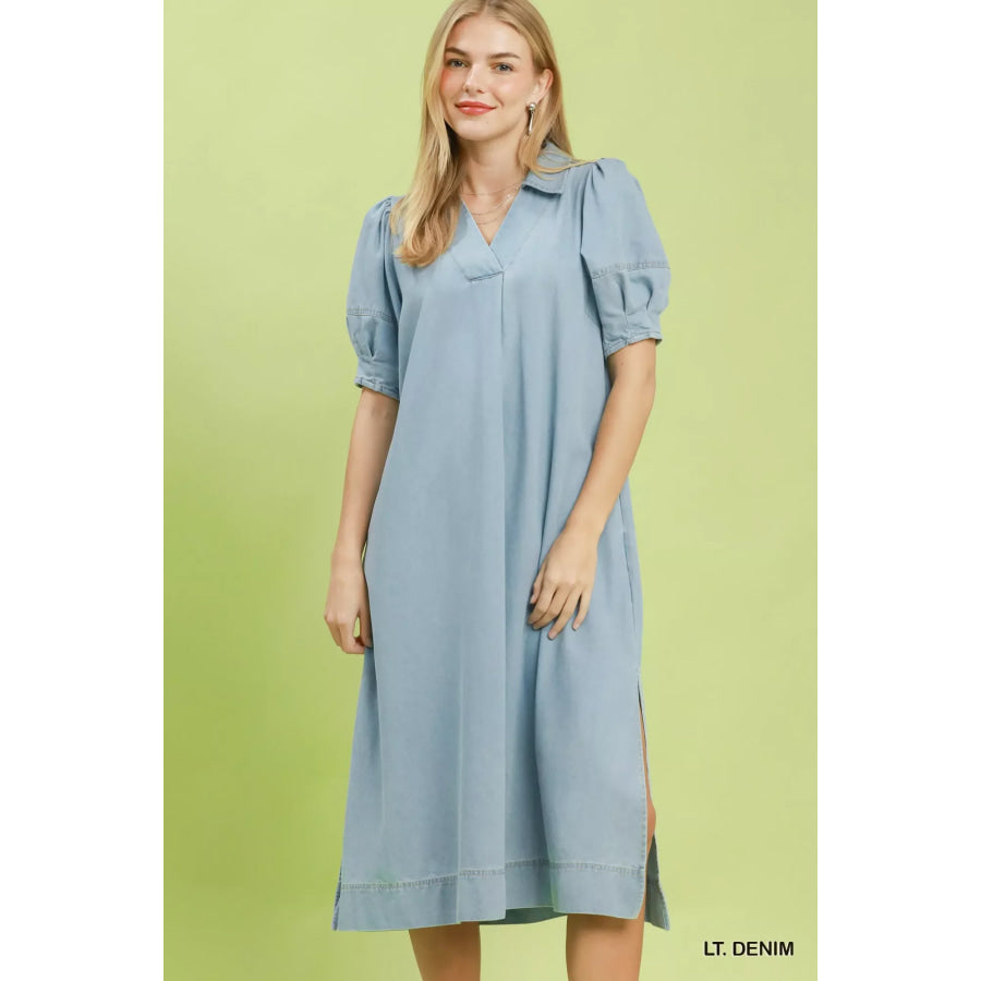 Umgee Chambray Collared Puff Sleeve Dress LT. DENIM / S Apparel and Accessories