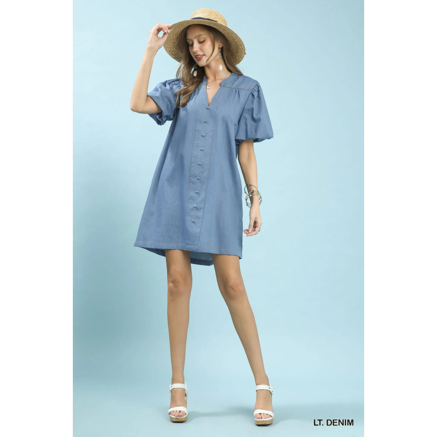 Umgee Chambray Puff Sleeve Dress Apparel and Accessories