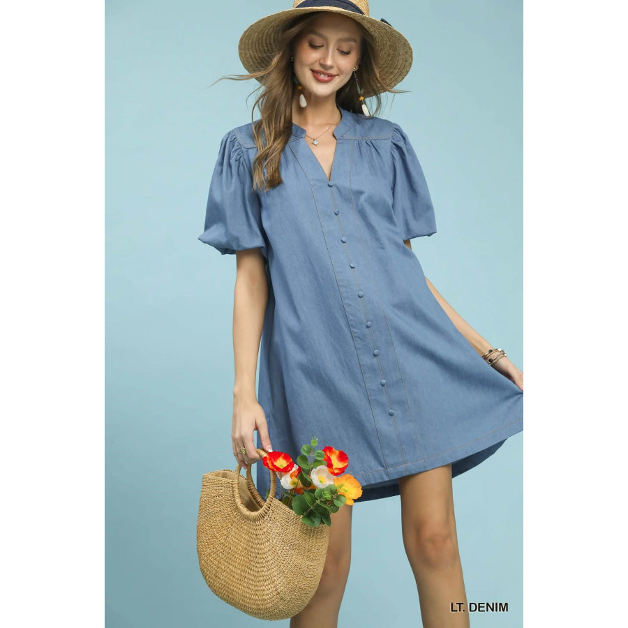 Umgee Chambray Puff Sleeve Dress Apparel and Accessories