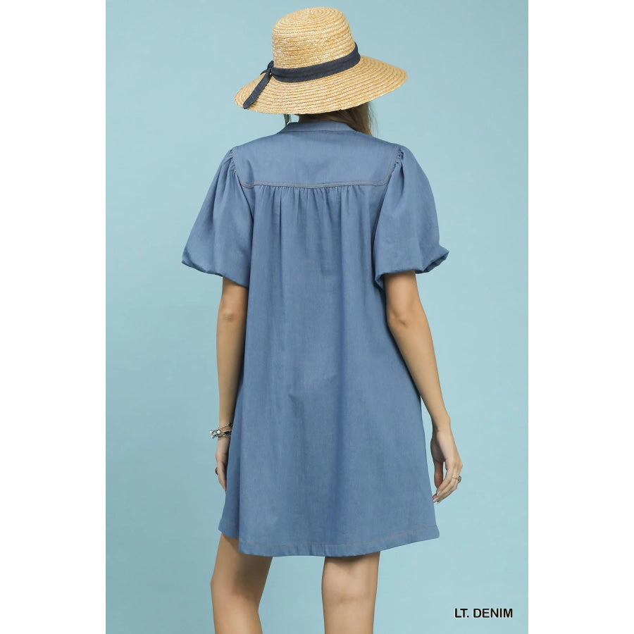 Umgee Chambray Puff Sleeve Dress Apparel and Accessories