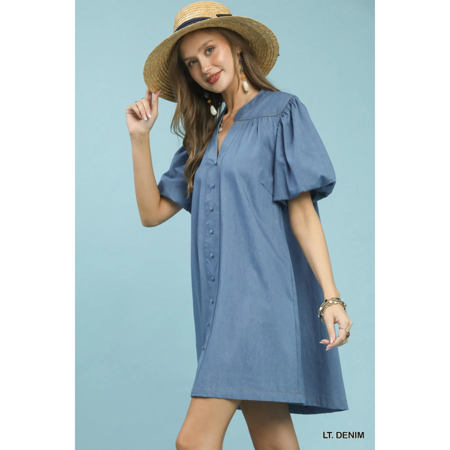 Umgee Chambray Puff Sleeve Dress LT. DENIM / S Apparel and Accessories