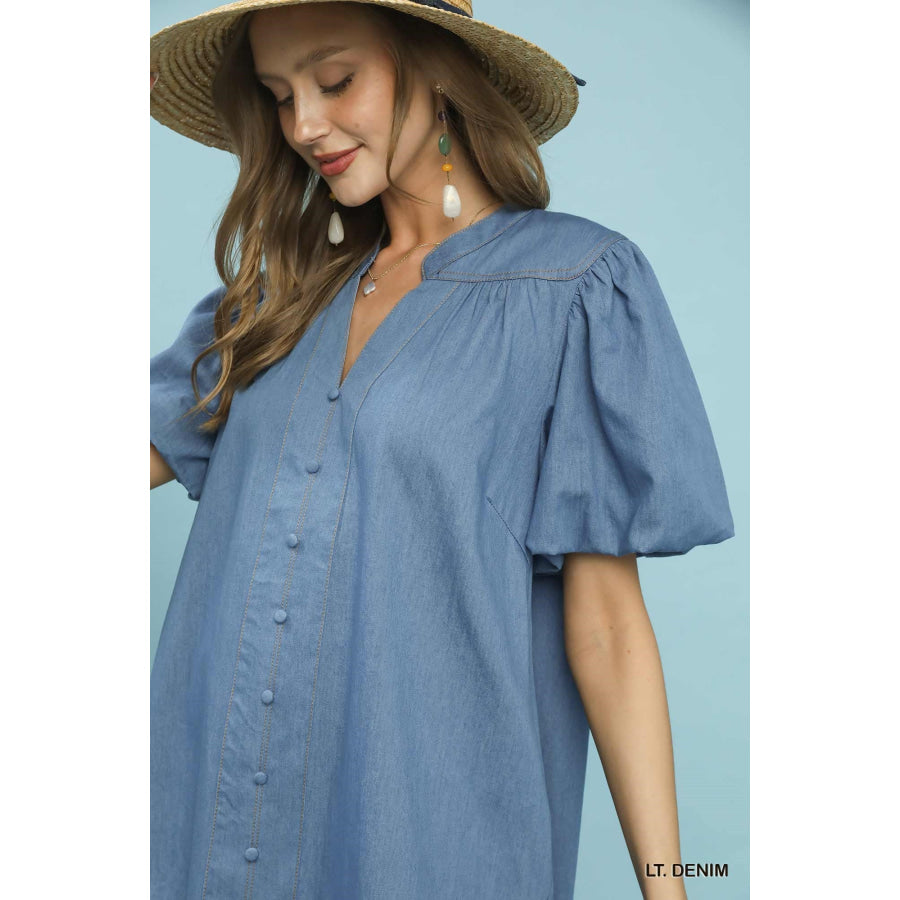 Umgee Chambray Puff Sleeve Dress Apparel and Accessories