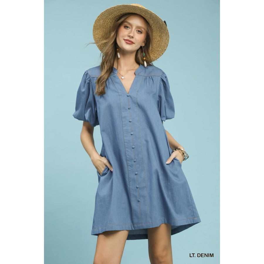 Umgee Chambray Puff Sleeve Dress LT. DENIM / S Apparel and Accessories