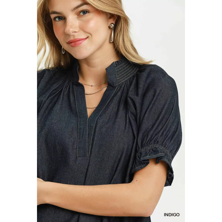 Umgee Chambray Puff Sleeve Scallop Hem Blouse Apparel and Accessories