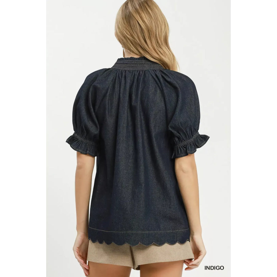 Umgee Chambray Puff Sleeve Scallop Hem Blouse Apparel and Accessories