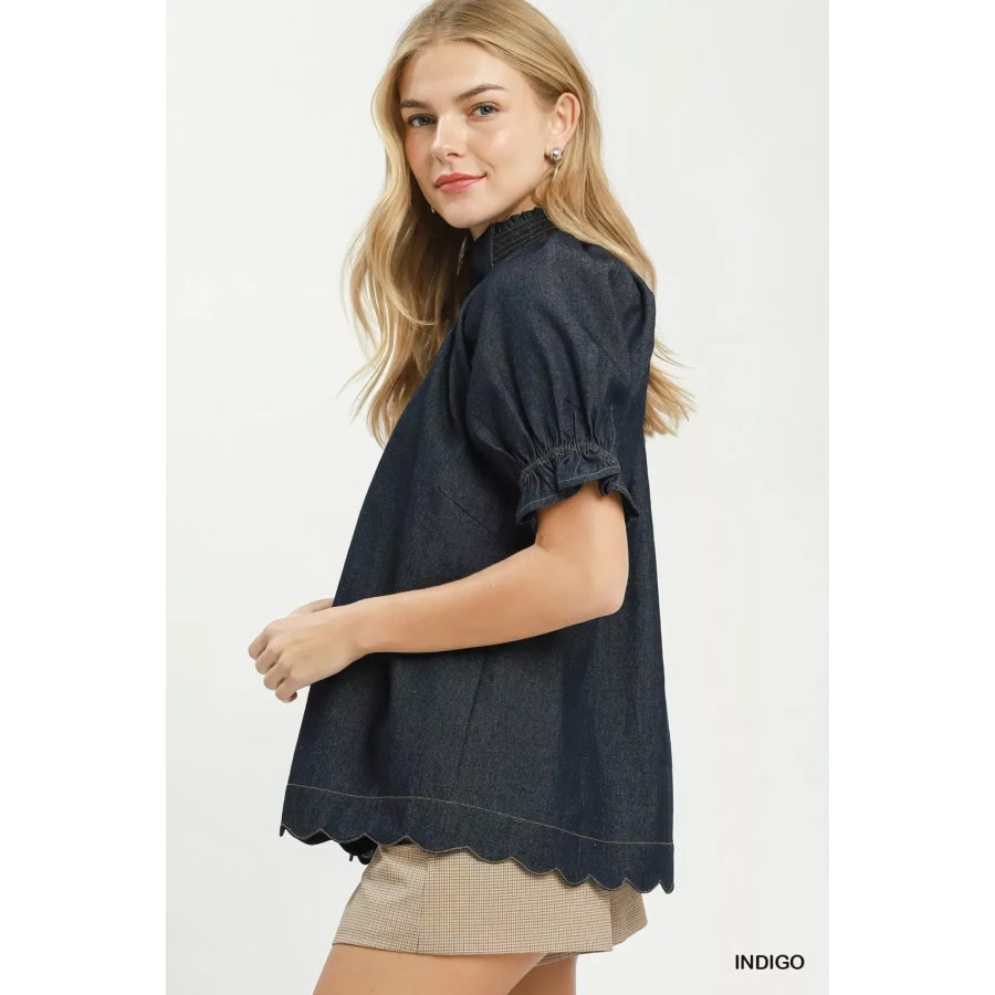 Umgee Chambray Puff Sleeve Scallop Hem Blouse INDIGO / S Apparel and Accessories