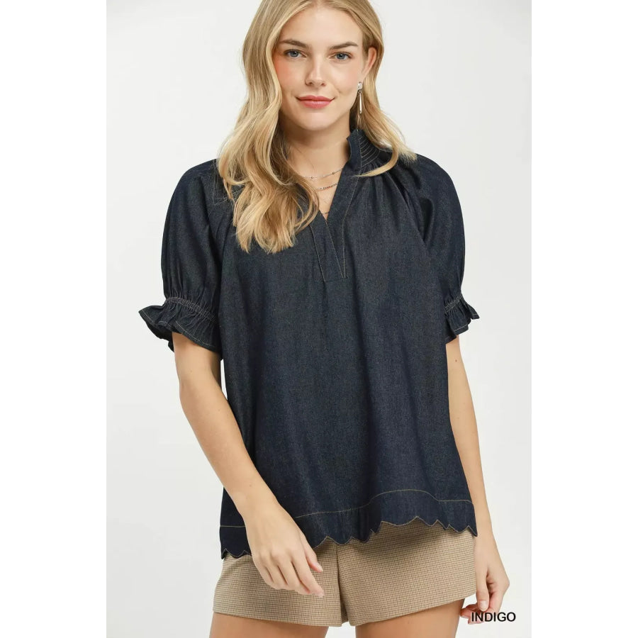 Umgee Chambray Puff Sleeve Scallop Hem Blouse INDIGO / S Apparel and Accessories
