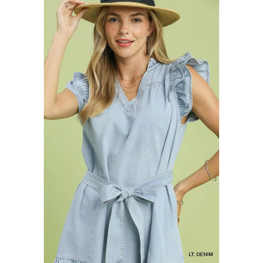 Umgee Chambray Ruffled Denim Dress with Side Pockets Apparel and Accessories