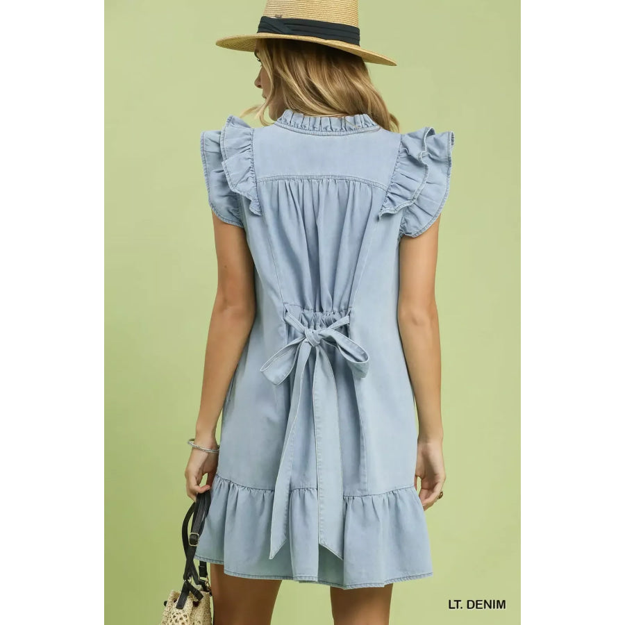 Umgee Chambray Ruffled Denim Dress with Side Pockets Apparel and Accessories