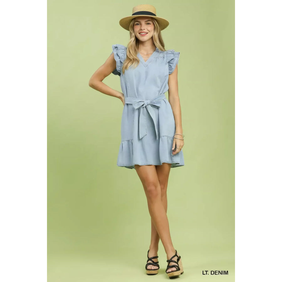 Umgee Chambray Ruffled Denim Dress with Side Pockets Apparel and Accessories