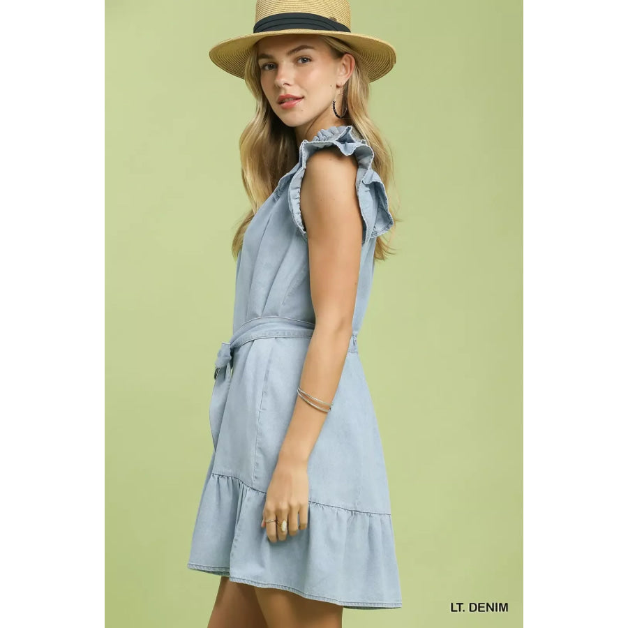 Umgee Chambray Ruffled Denim Dress with Side Pockets LT. DENIM / S Apparel and Accessories