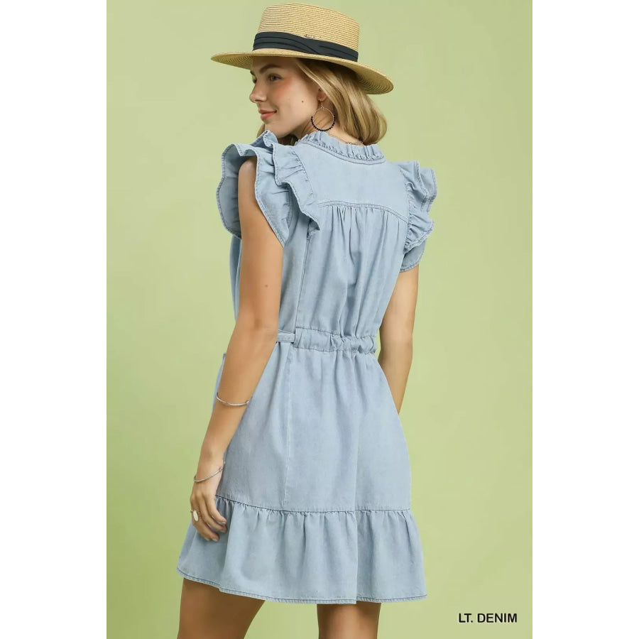 Umgee Chambray Ruffled Denim Dress with Side Pockets Apparel and Accessories