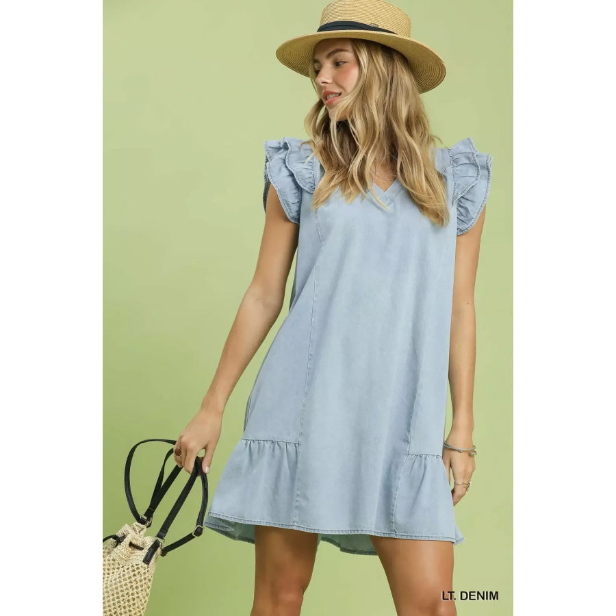 Umgee Chambray Ruffled Denim Dress with Side Pockets Apparel and Accessories