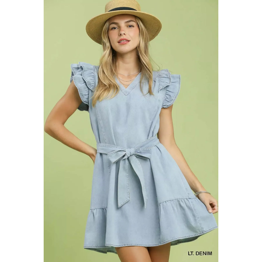 Umgee Chambray Ruffled Denim Dress with Side Pockets LT. DENIM / S Apparel and Accessories