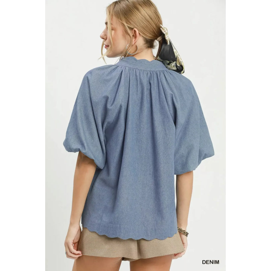 Umgee Chambray Scallop Hem Puff Sleeve Top Apparel and Accessories