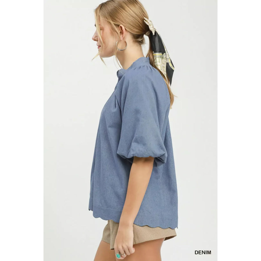 Umgee Chambray Scallop Hem Puff Sleeve Top DENIM / S Apparel and Accessories