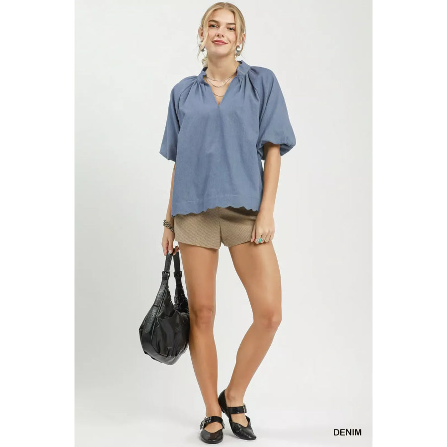 Umgee Chambray Scallop Hem Puff Sleeve Top Apparel and Accessories