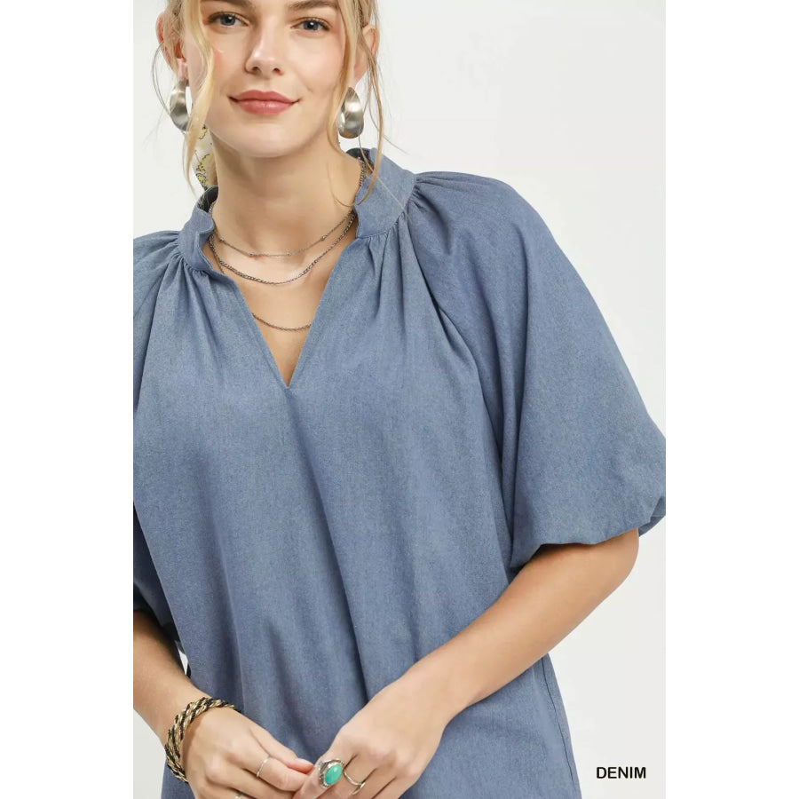 Umgee Chambray Scallop Hem Puff Sleeve Top Apparel and Accessories