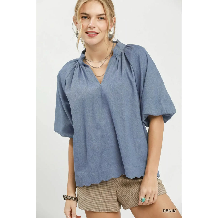 Umgee Chambray Scallop Hem Puff Sleeve Top DENIM / S Apparel and Accessories