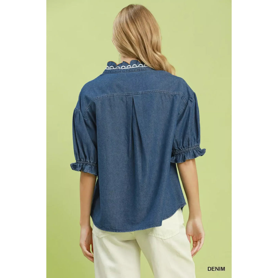 Umgee Chambray Scalloped Trim Button Front Blouse Apparel and Accessories