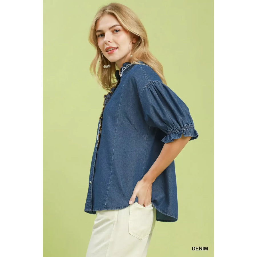 Umgee Chambray Scalloped Trim Button Front Blouse Apparel and Accessories