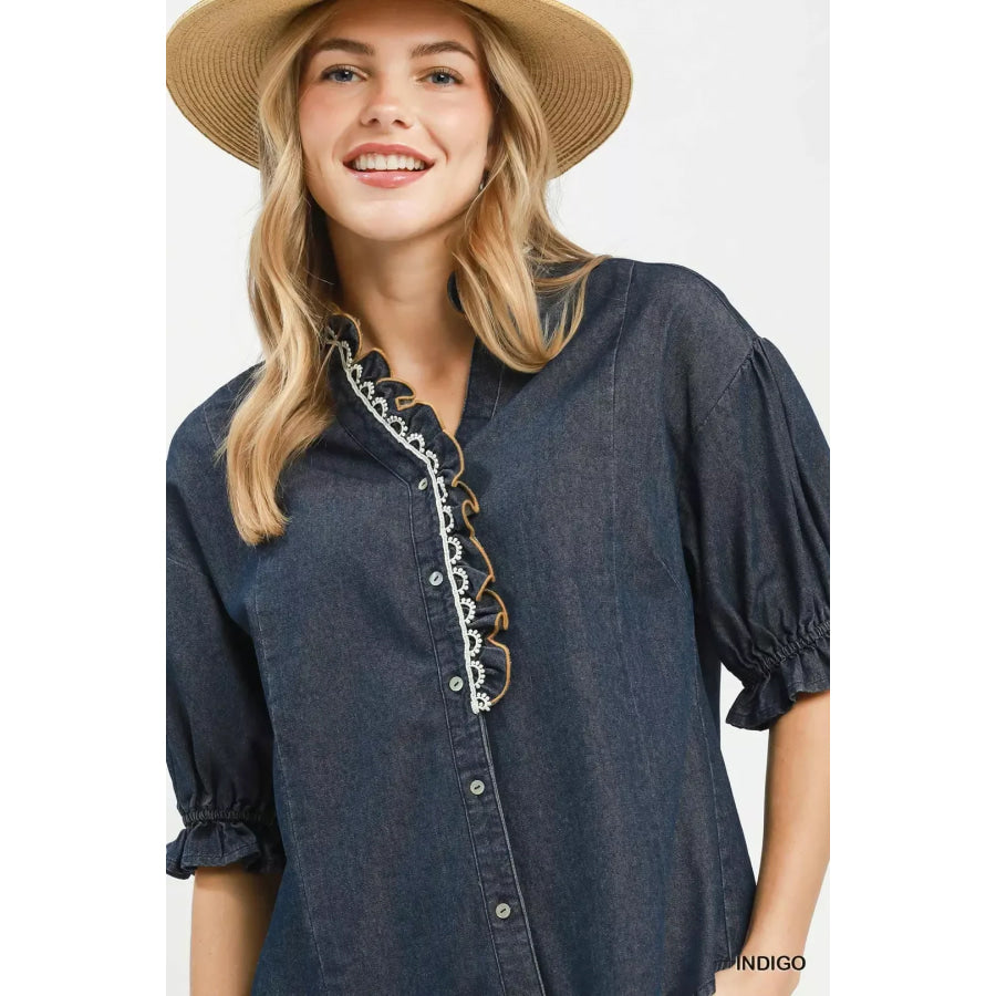 Umgee Chambray Scalloped Trim Button Front Blouse Apparel and Accessories