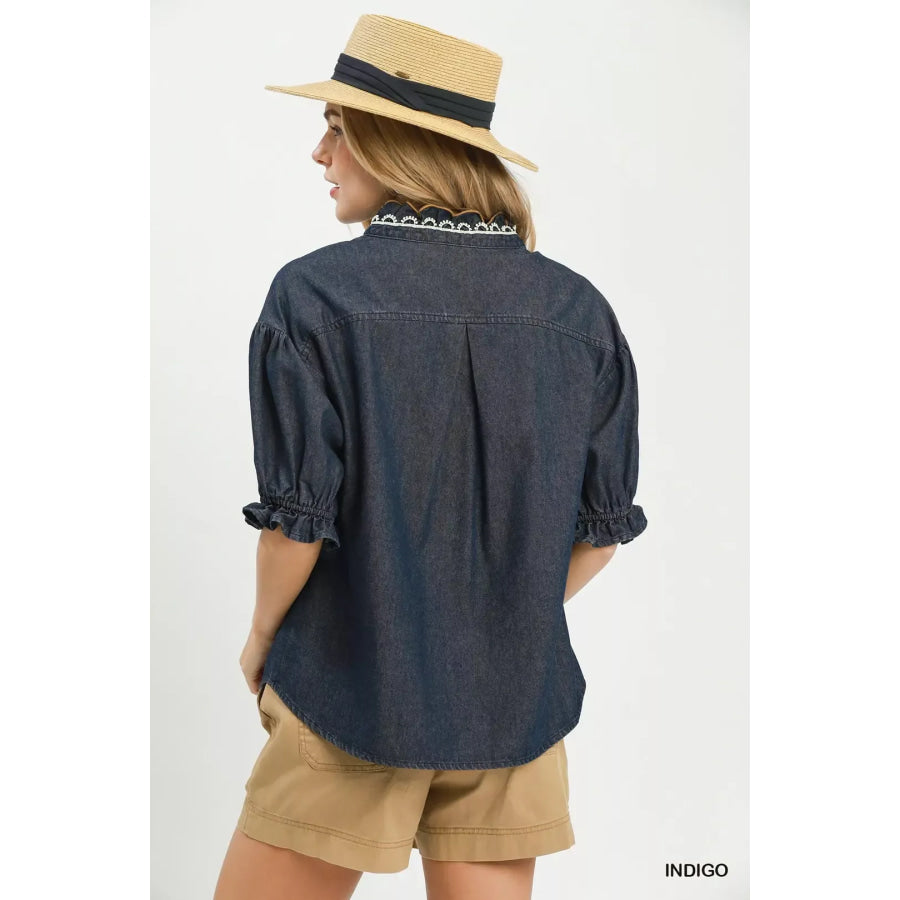 Umgee Chambray Scalloped Trim Button Front Blouse Apparel and Accessories