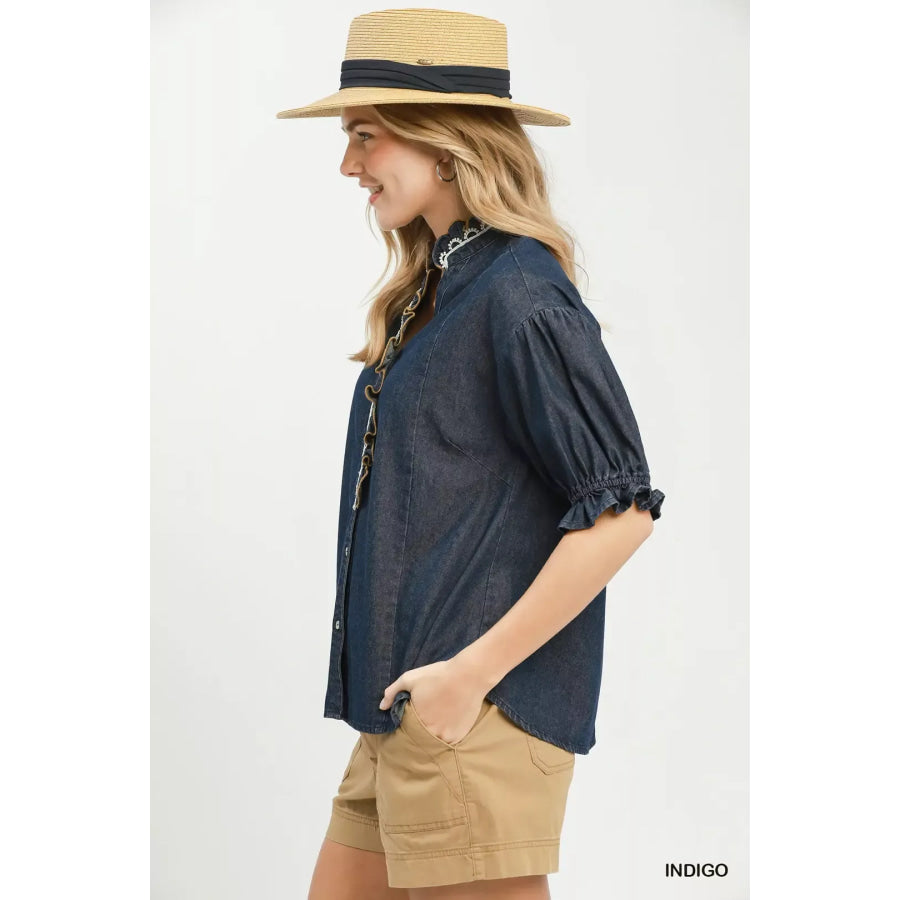 Umgee Chambray Scalloped Trim Button Front Blouse Apparel and Accessories