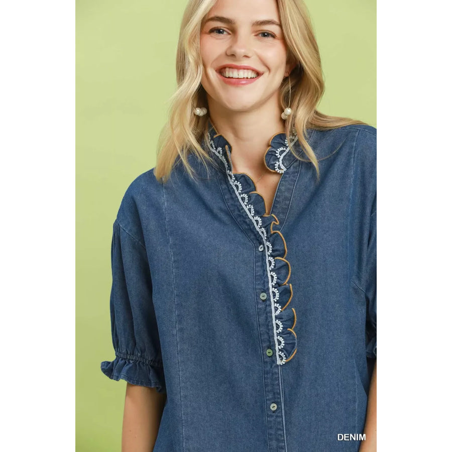 Umgee Chambray Scalloped Trim Button Front Blouse Apparel and Accessories
