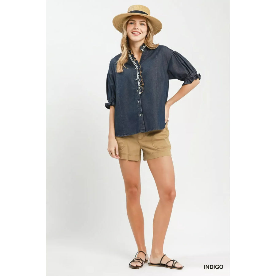 Umgee Chambray Scalloped Trim Button Front Blouse Apparel and Accessories