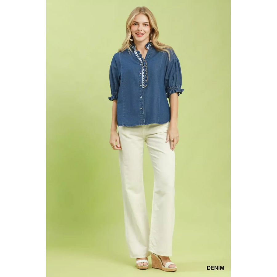 Umgee Chambray Scalloped Trim Button Front Blouse Apparel and Accessories