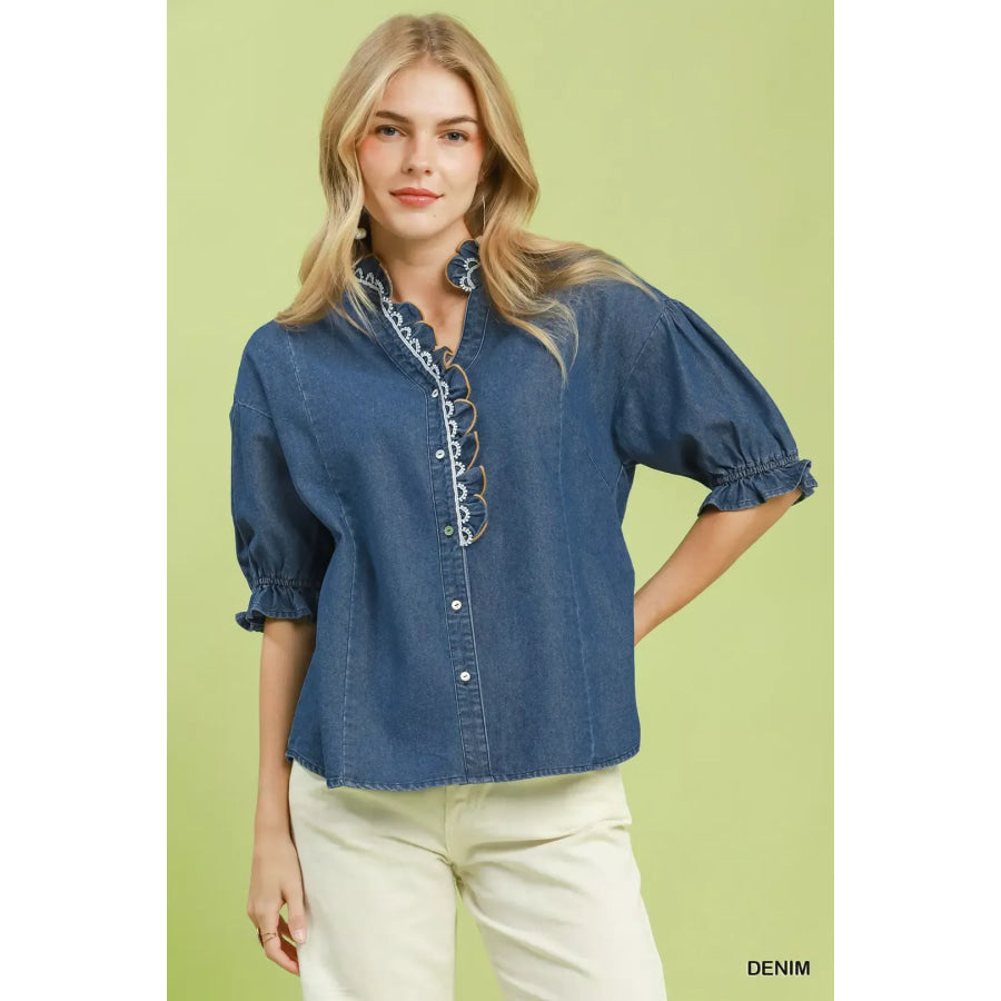Umgee Chambray Scalloped Trim Button Front Blouse DENIM / S Apparel and Accessories