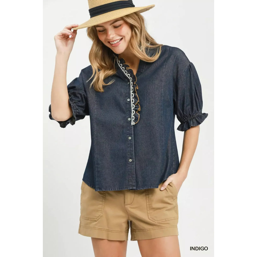 Umgee Chambray Scalloped Trim Button Front Blouse INDIGO / S Apparel and Accessories