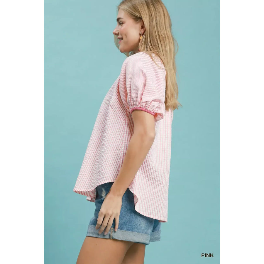 Umgee Checker Puff Sleeve Button Front Blouse Apparel and Accessories