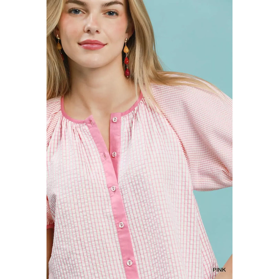 Umgee Checker Puff Sleeve Button Front Blouse Apparel and Accessories