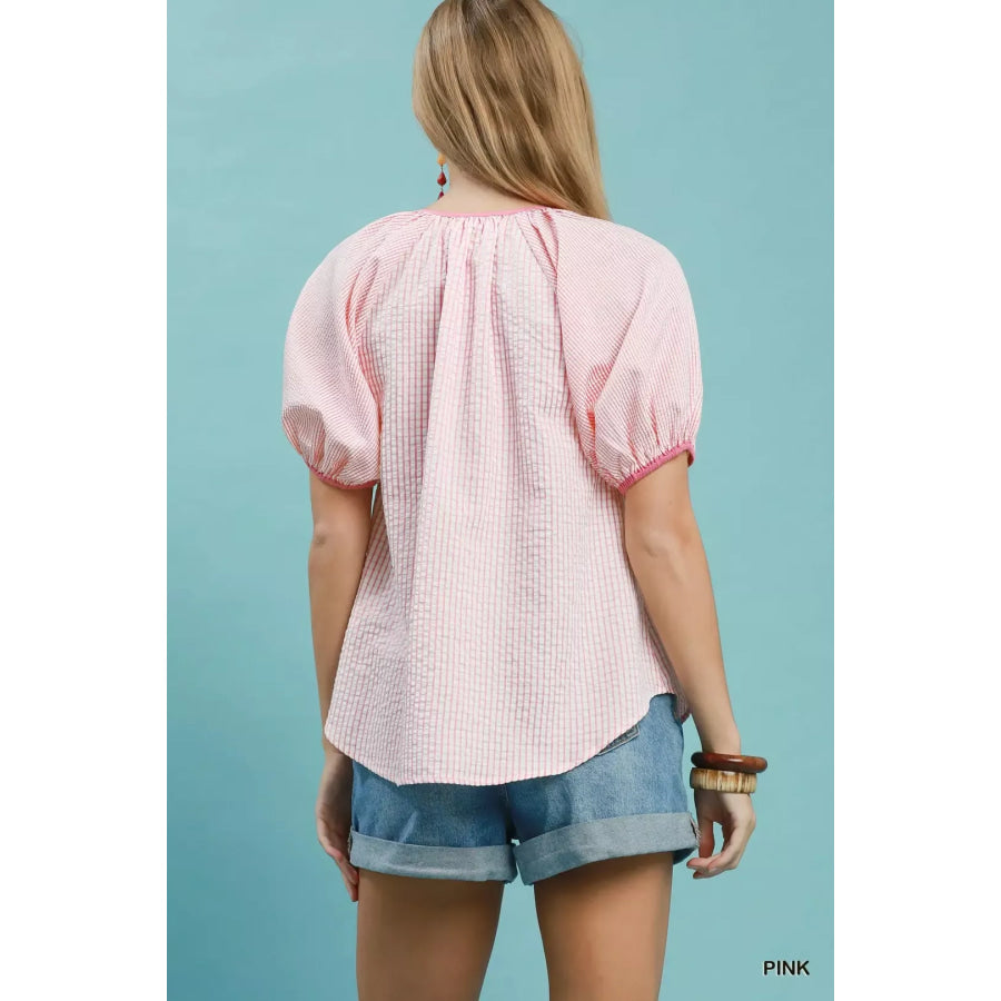 Umgee Checker Puff Sleeve Button Front Blouse Apparel and Accessories