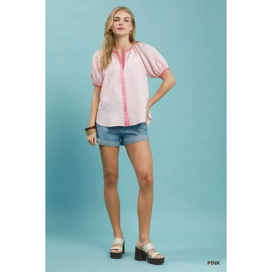 Umgee Checker Puff Sleeve Button Front Blouse Apparel and Accessories