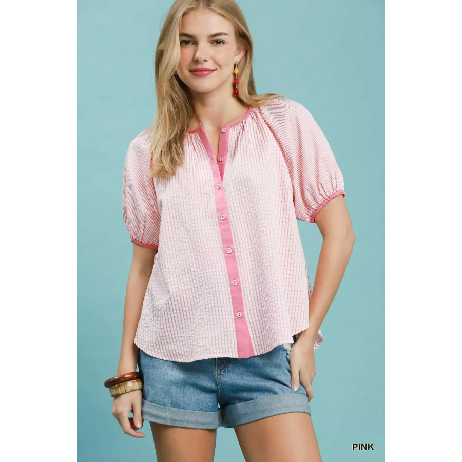 Umgee Checker Puff Sleeve Button Front Blouse PINK / S Apparel and Accessories