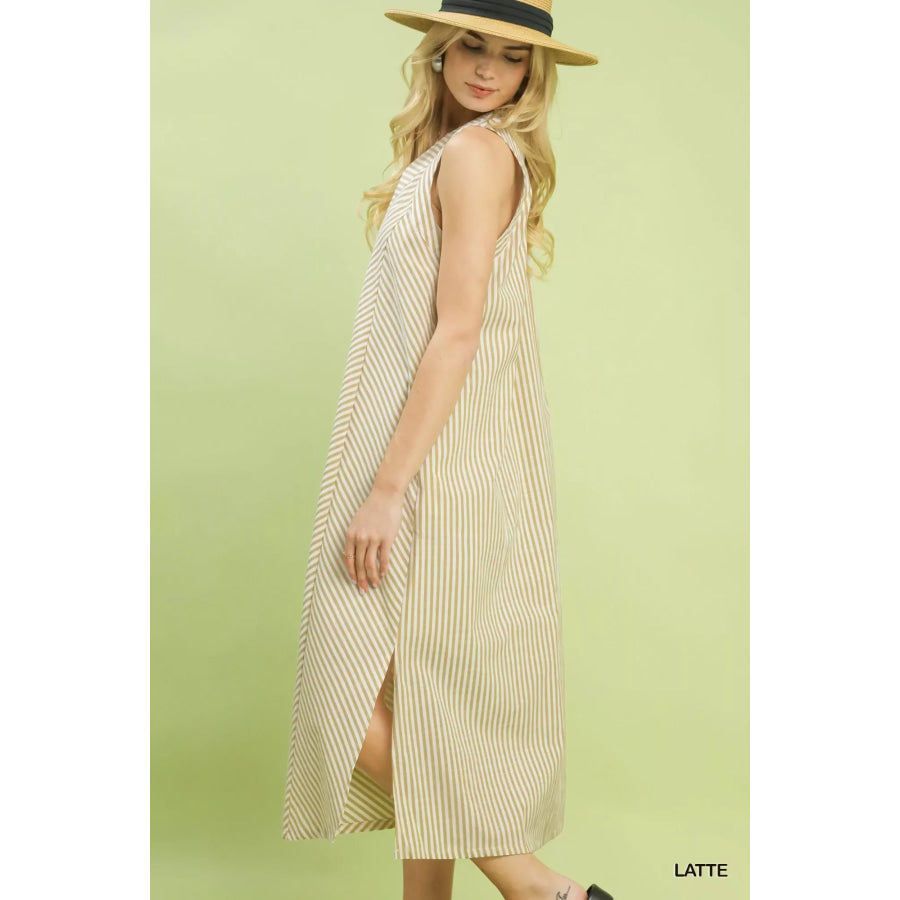 Umgee Chevron Stripe Sleeveless Midi Dress LATTE / S Apparel and Accessories