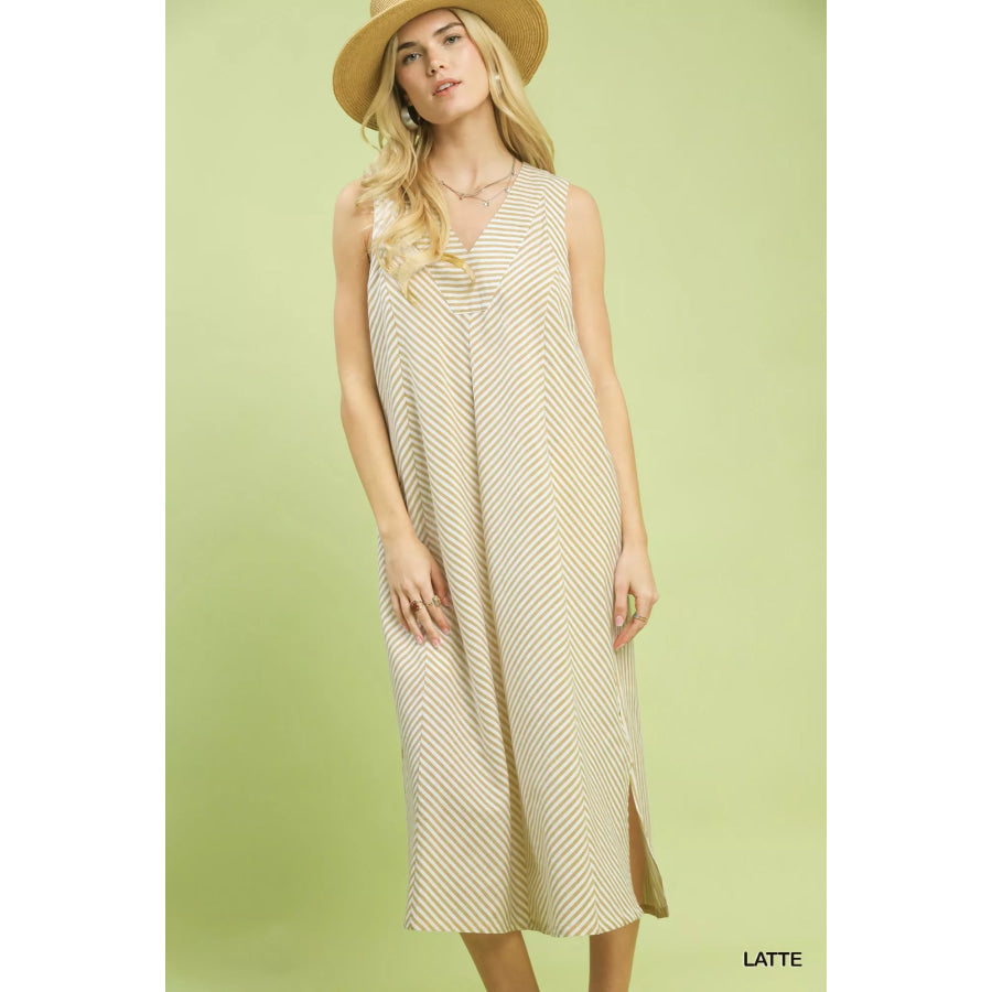 Umgee Chevron Stripe Sleeveless Midi Dress LATTE / S Apparel and Accessories
