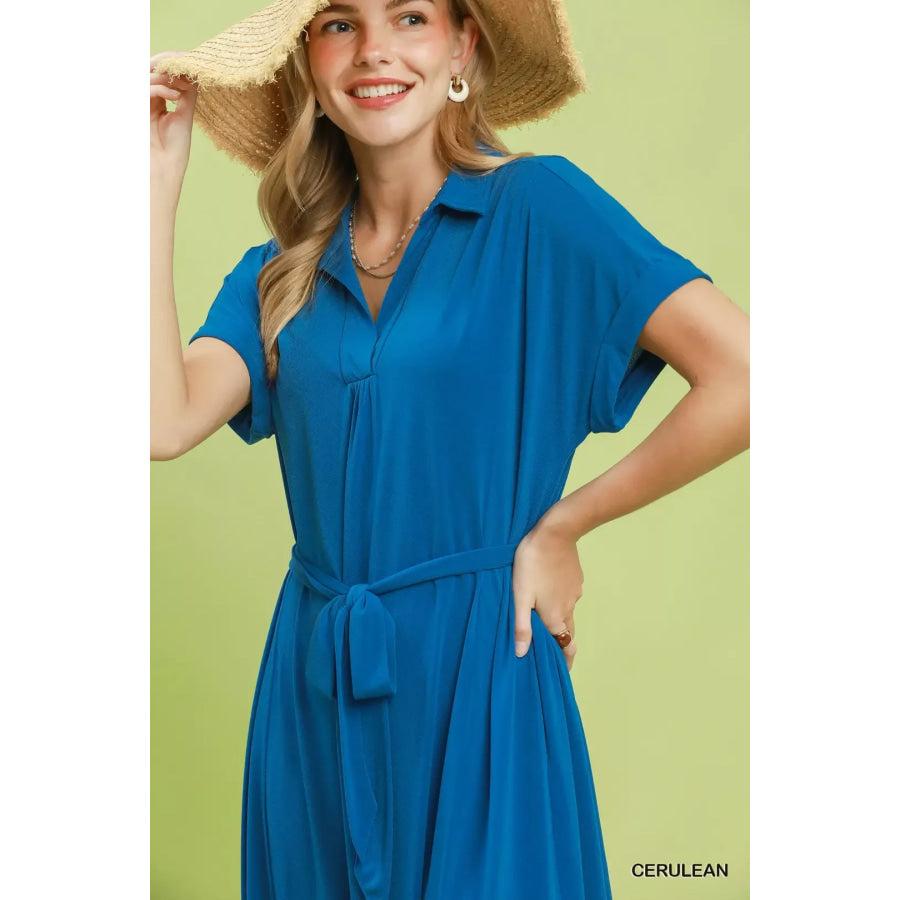 Umgee Collared Belted Midi Dress Apparel and Accessories