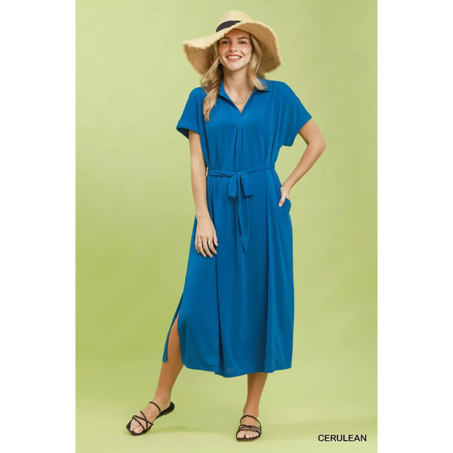 Umgee Collared Belted Midi Dress CERULEAN / S Apparel and Accessories