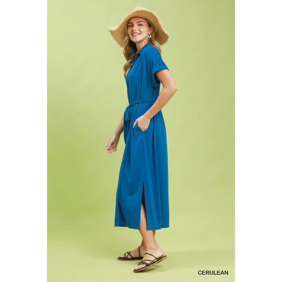 Umgee Collared Belted Midi Dress Apparel and Accessories